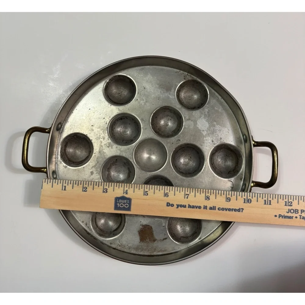 Vintage Copper Escargot Pan 12 Wells Brass Handles French Snail Baking 10.5in